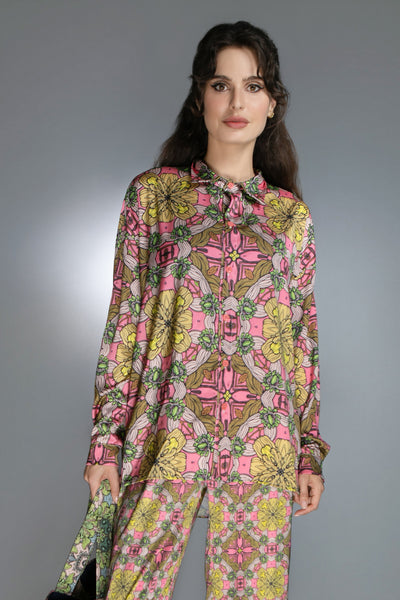 ED-019Y-EXOTIC FLORAL GOLD/PINK- SATIN BLOUSE