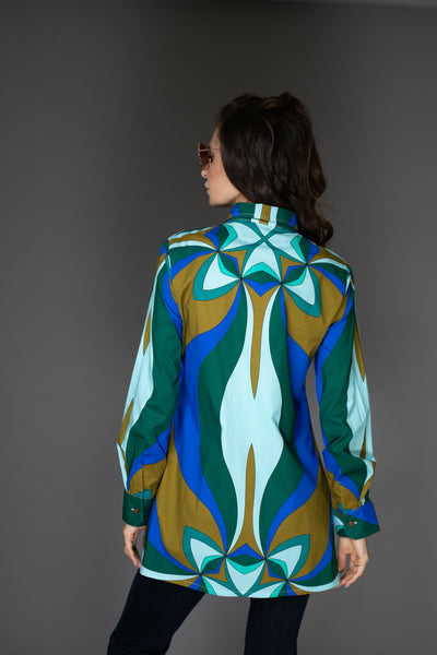 AB - Long-Sleeve Abstract Multi-Colored Cobalt Cotton Shirt