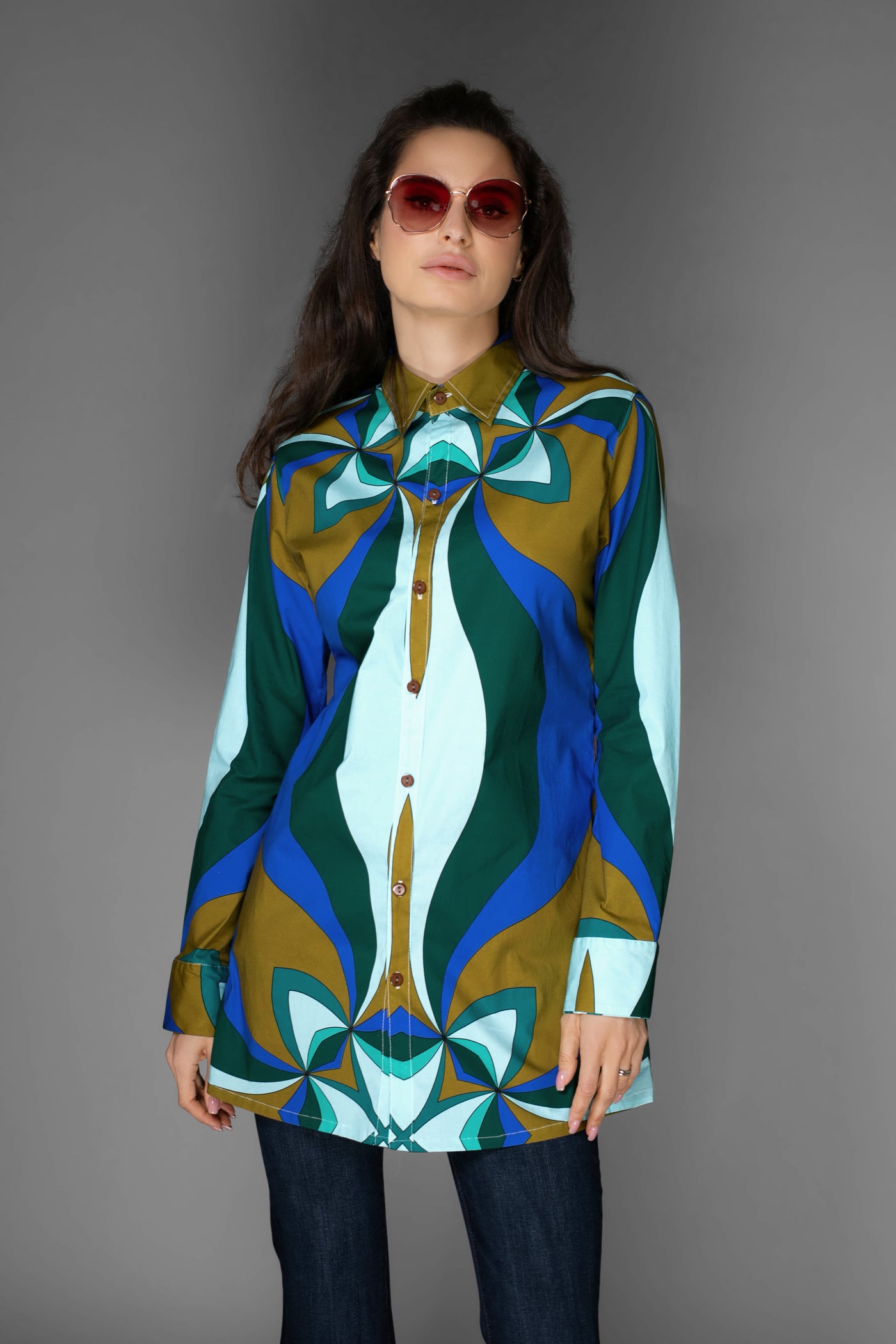 AB - Long-Sleeve Abstract Multi-Colored Cobalt Cotton Shirt