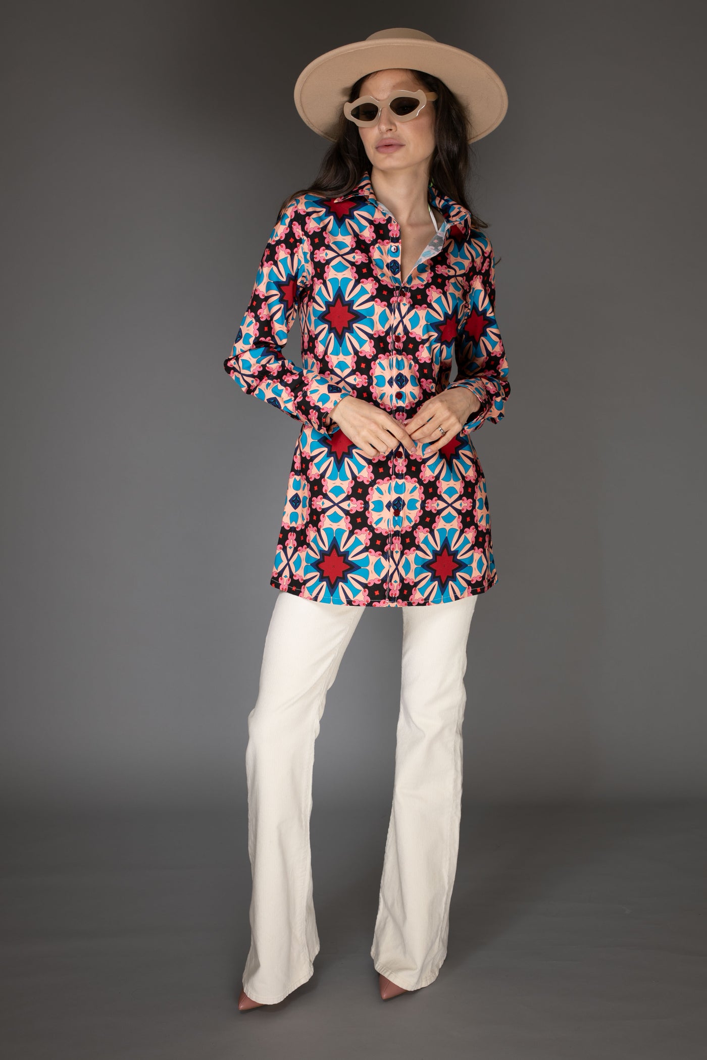 AB - Long-Sleeve Abstract Multi-Colored Blue Red Cotton Shirt