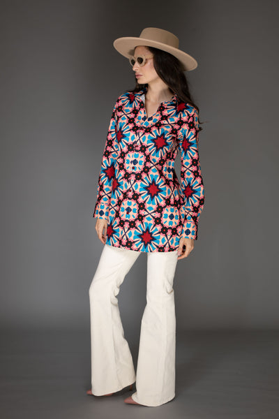 AB - Long-Sleeve Abstract Multi-Colored Blue Red Cotton Shirt