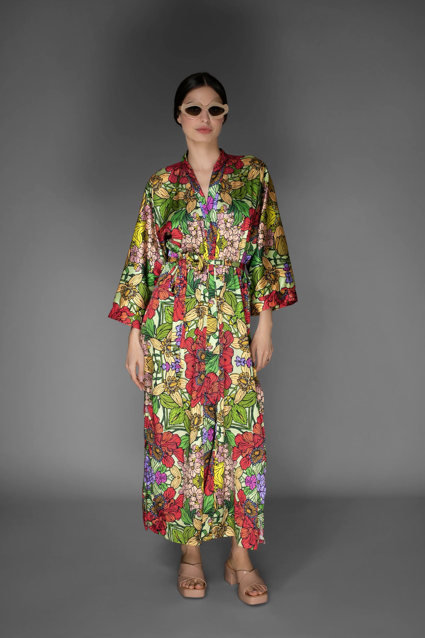 AB -  Abstract Floral Multi-Colored Satin Kimono