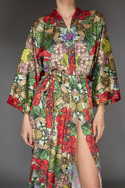 AB -  Abstract Floral Multi-Colored Satin Kimono