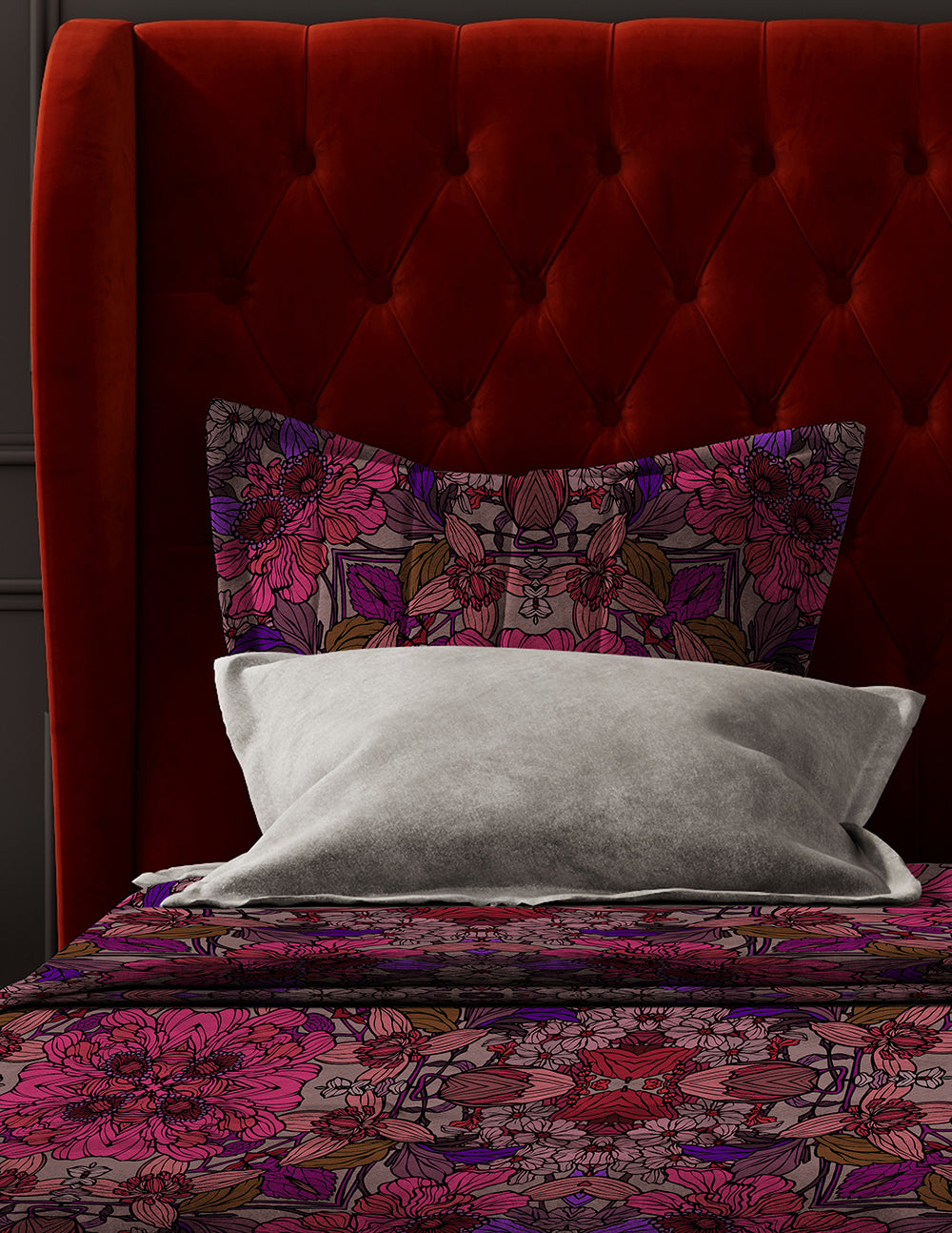 Red -Pink Floral Bed Pillow Sham