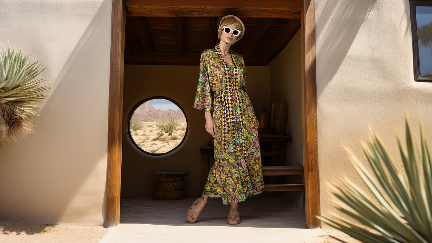 Woman in stylish green geometric-patterned kimono, hat, and sunglasses posing on a gray background.