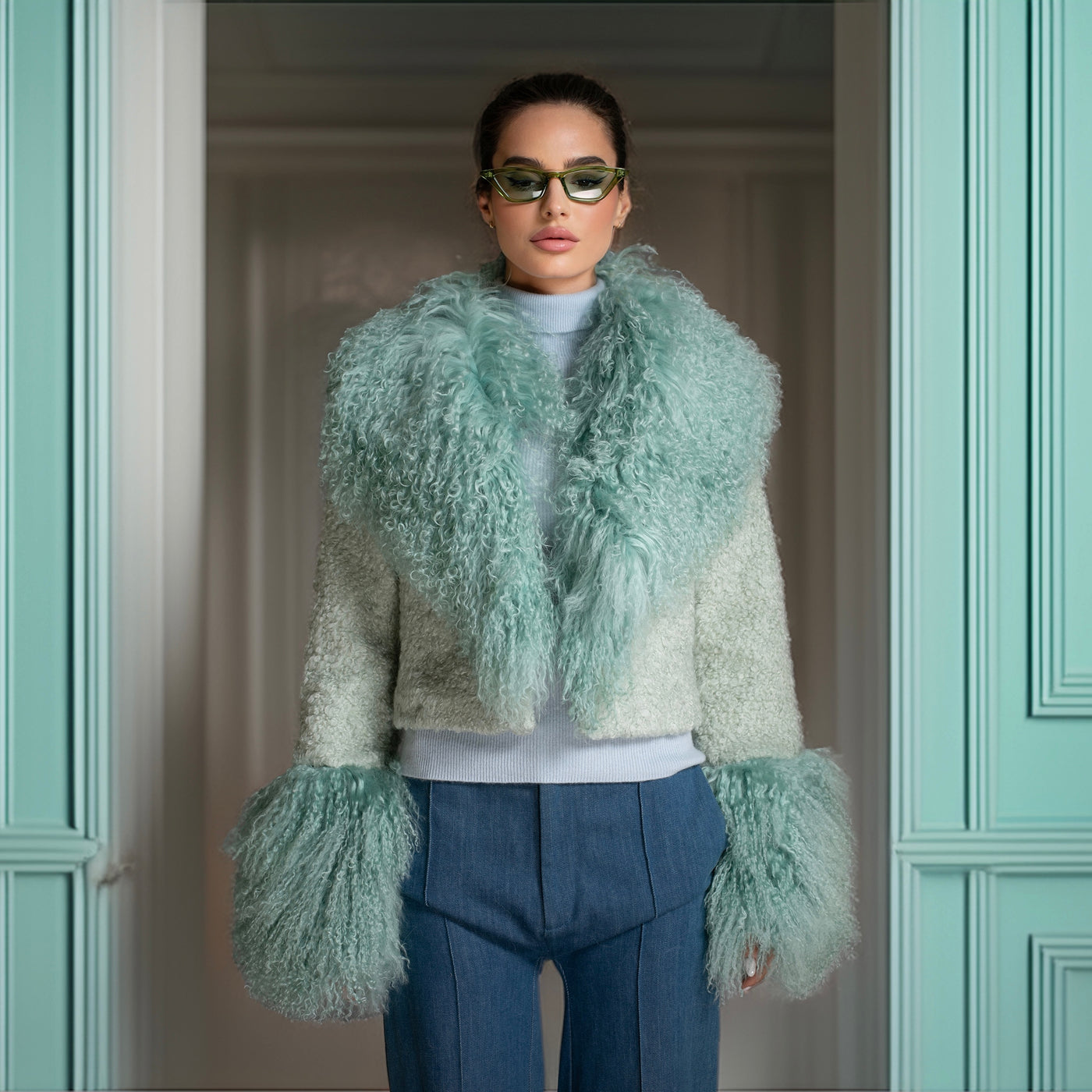 Coat - Mint Green Cropped Mongolian Wool