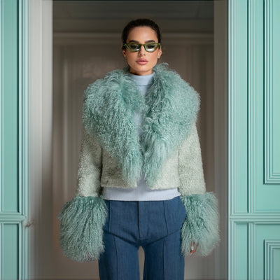 Coat - Mint Green Cropped Mongolian Wool