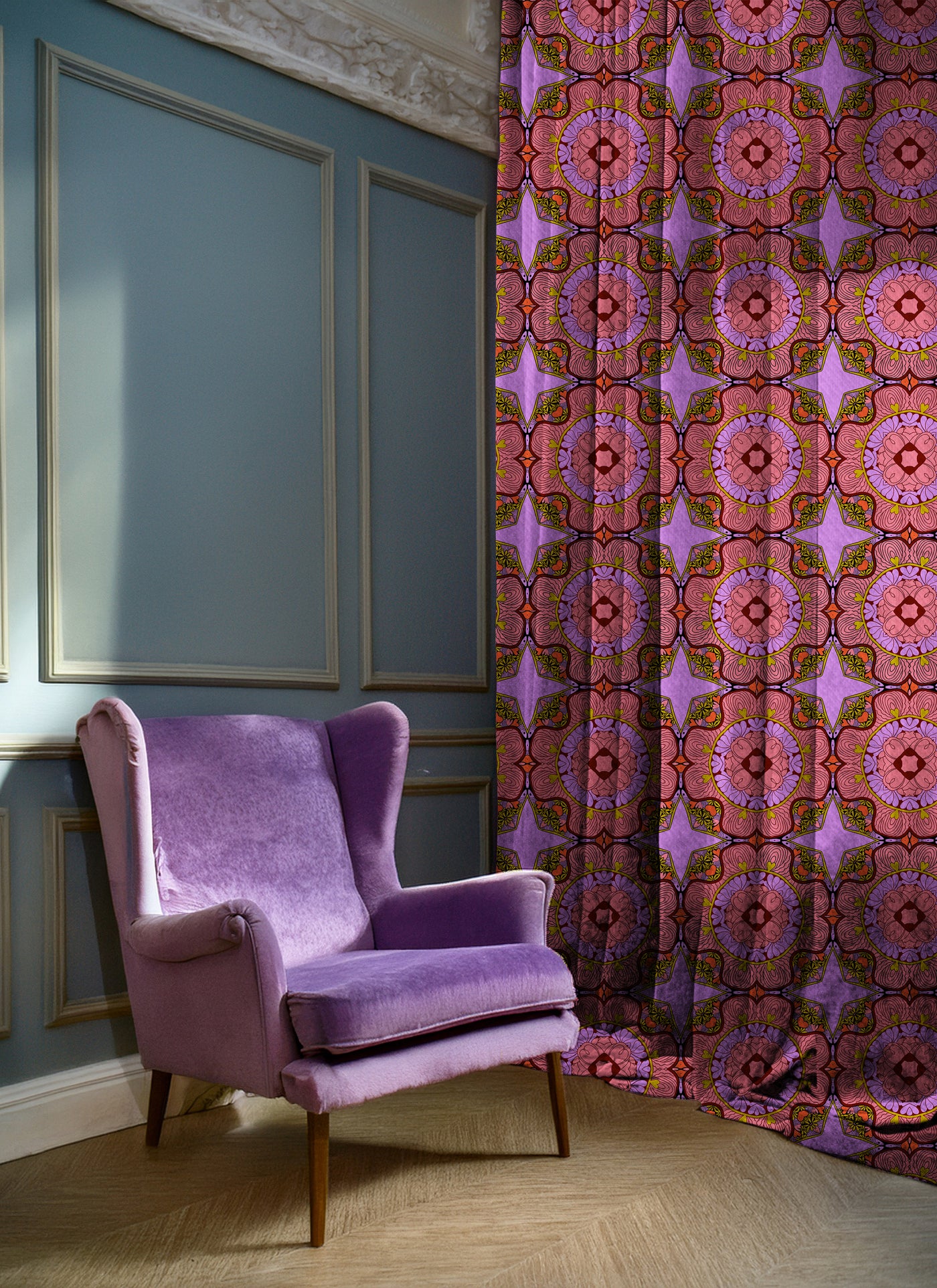Bohemian Lilac & Coral Curtains  Lustrous Curtains - Pair (2)