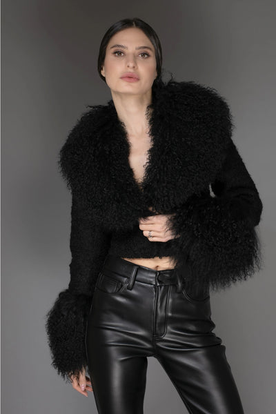 Black Cropped Mongolian Shearling Coat