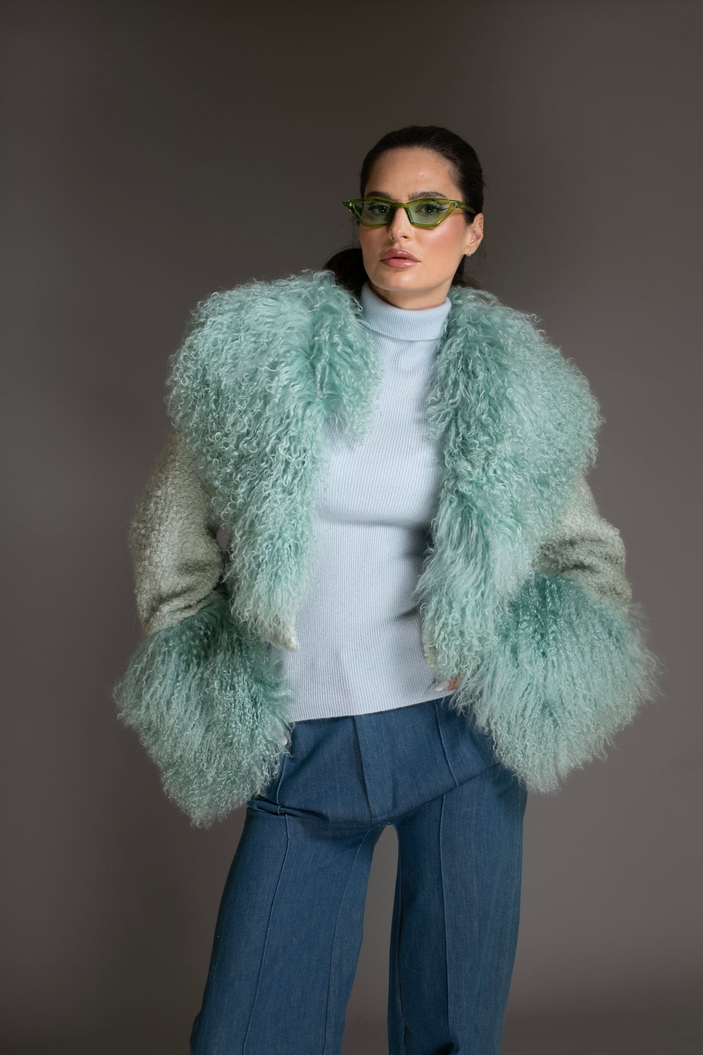 Coat - Mint Green Cropped Mongolian Wool