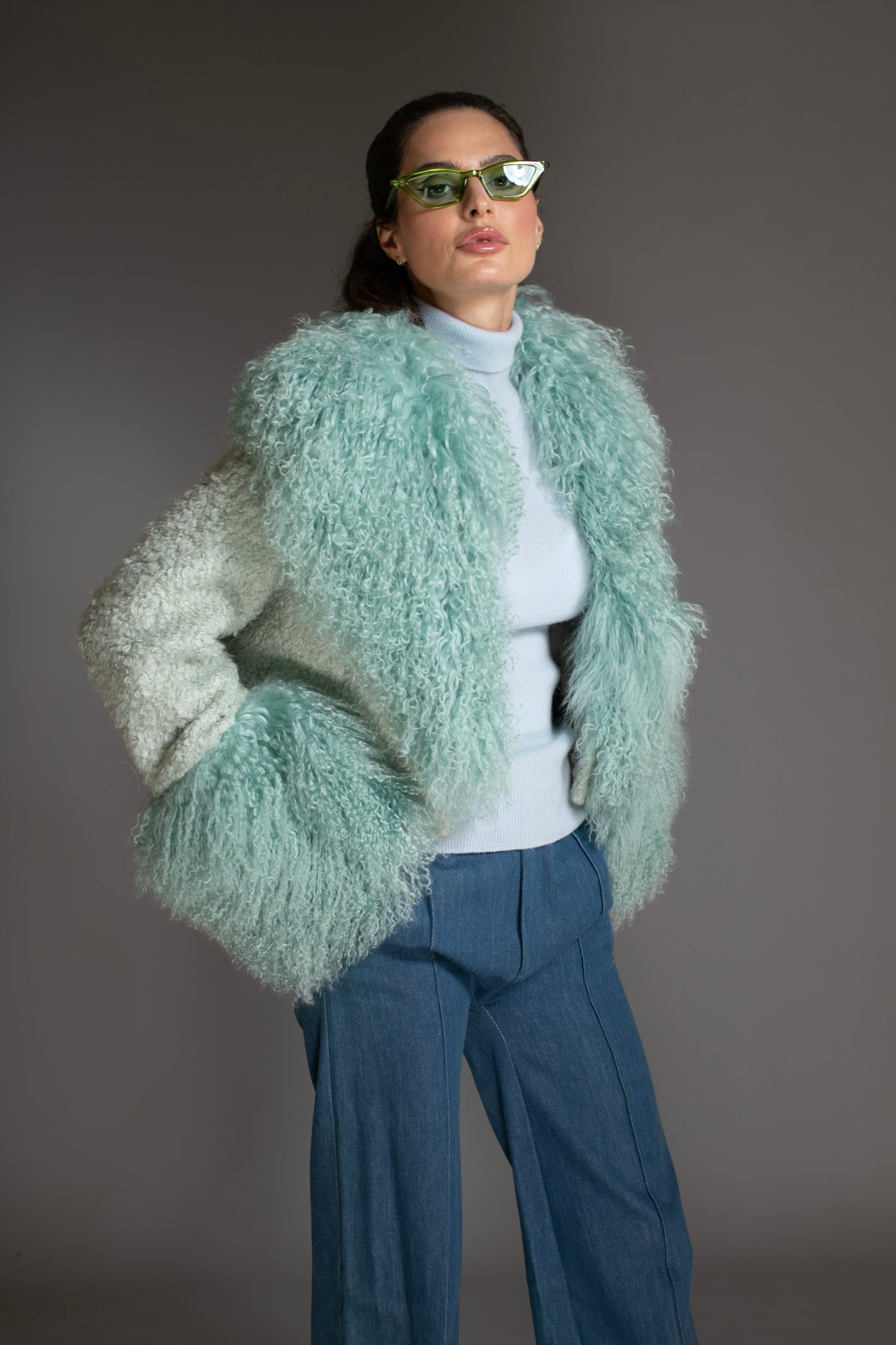 Coat - Mint Green Cropped Mongolian Wool