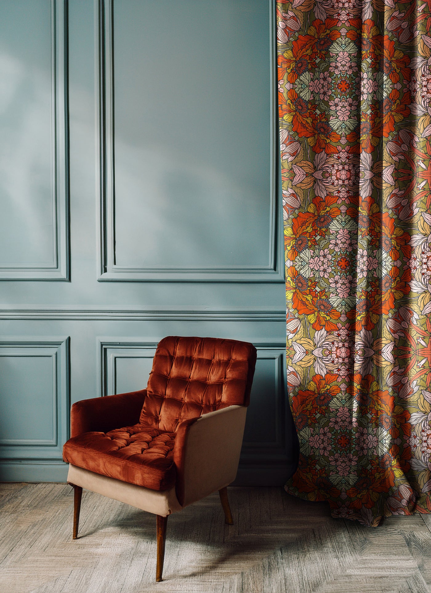 Earthy Floral Lustrous Curtains - Pair (2)