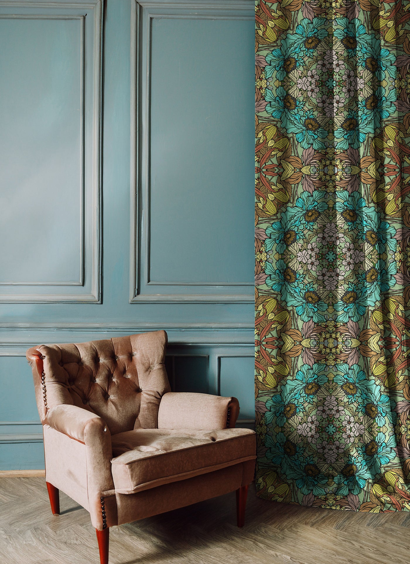 Azure Bloom Floral Curtains Lustrous Curtains - Pair (2)