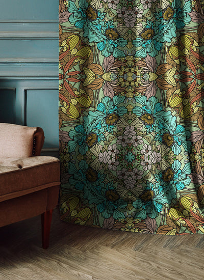 Azure Bloom Floral Curtains Lustrous Curtains - Pair (2)