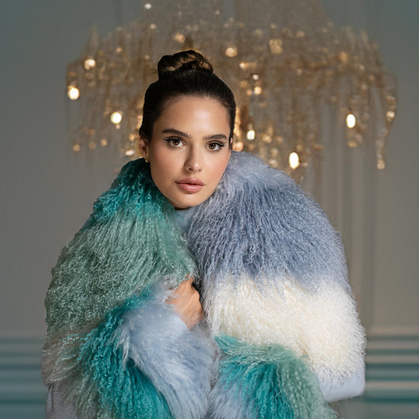 Ombre Mongolian Shearling Shawl Scarf Blue