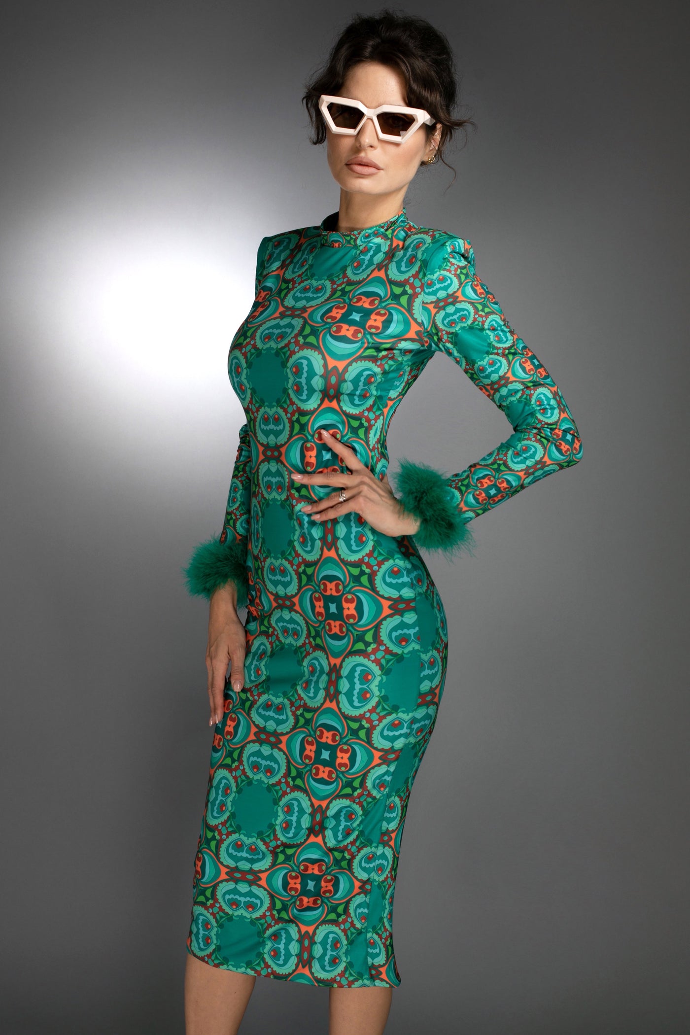 N-037NB TEAL ORANGE MOCK-NECK MIDI DRESS