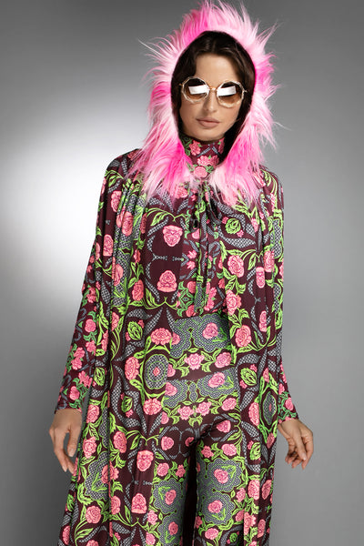 N-042WL- ROSES BURGUNDY/ ROSE PINK -LONG CAPE WITH HOOD