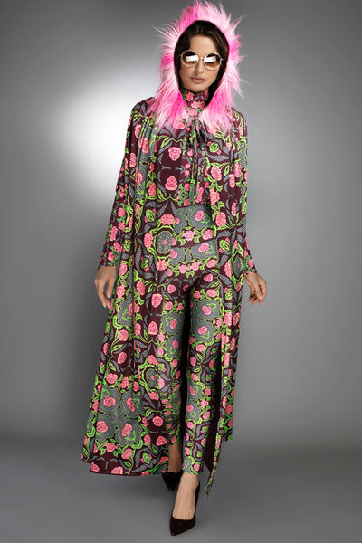 N-042WL- ROSES BURGUNDY/ ROSE PINK -LONG CAPE WITH HOOD