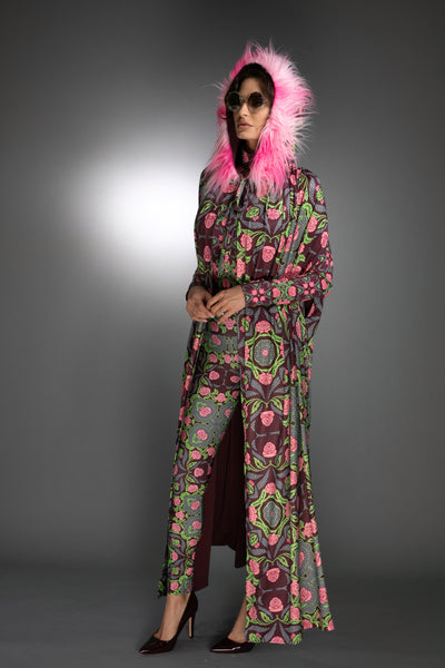 N-042WL- ROSES BURGUNDY/ ROSE PINK -LONG CAPE WITH HOOD