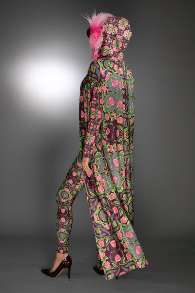 N-042WL- ROSES BURGUNDY/ ROSE PINK -LONG CAPE WITH HOOD