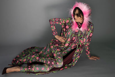 N-042WL- ROSES BURGUNDY/ ROSE PINK -LONG CAPE WITH HOOD