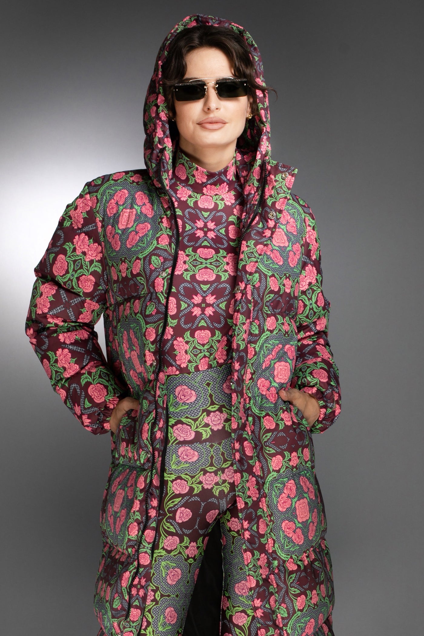 N-035WG- Lustrous Printed Light Down Maxi Coat