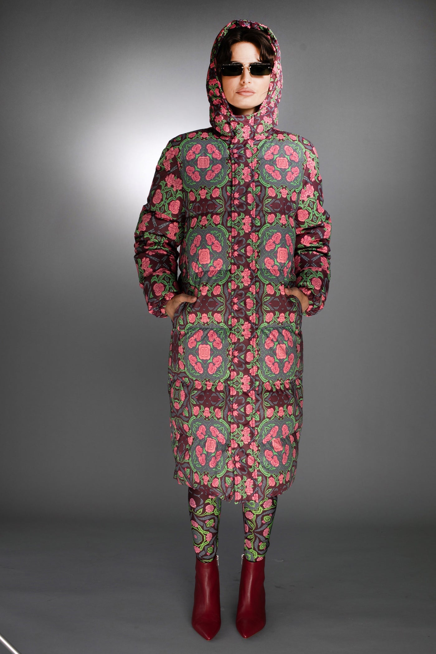N-035WG- Lustrous Printed Light Down Maxi Coat