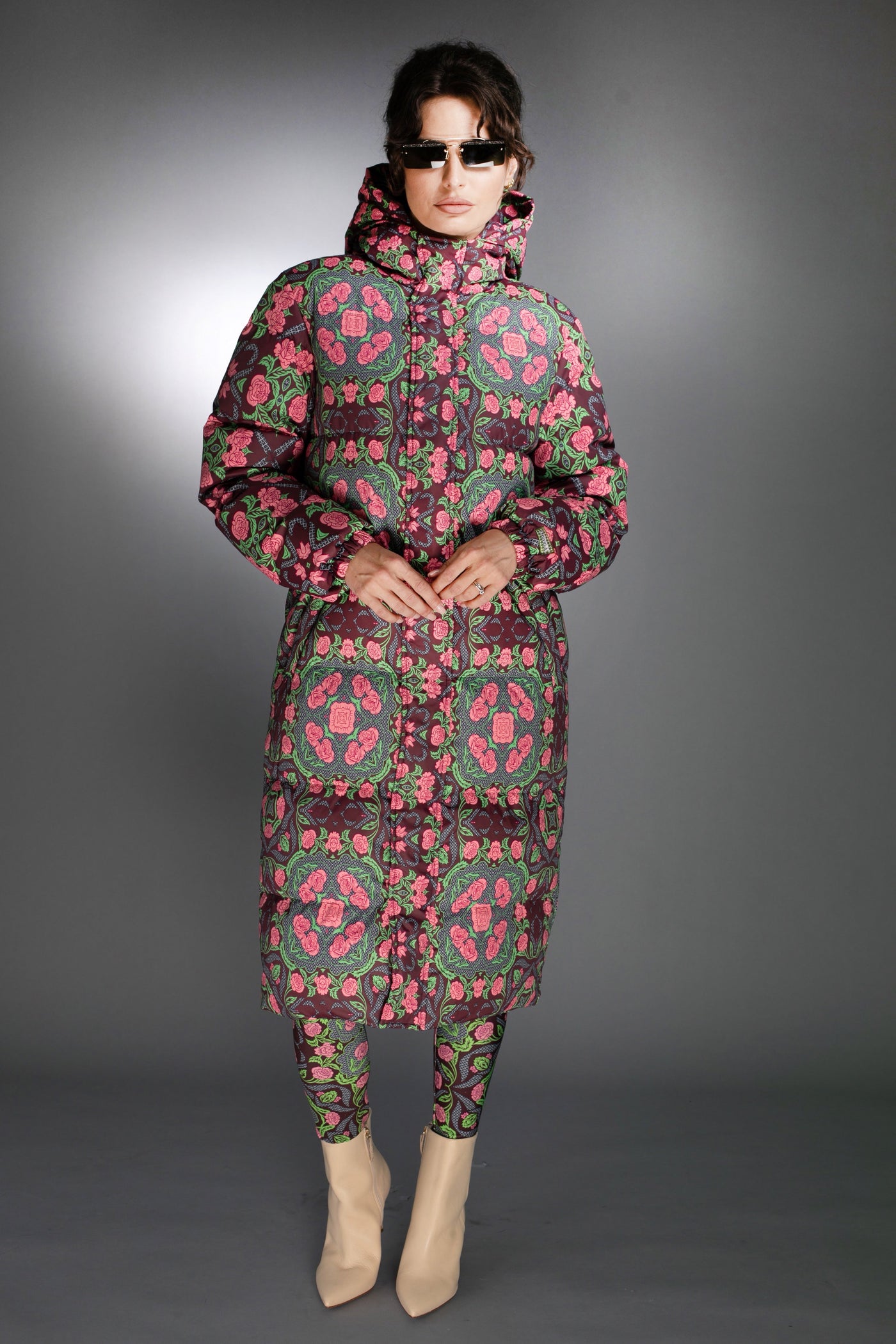 N-035WG- Lustrous Printed Light Down Maxi Coat