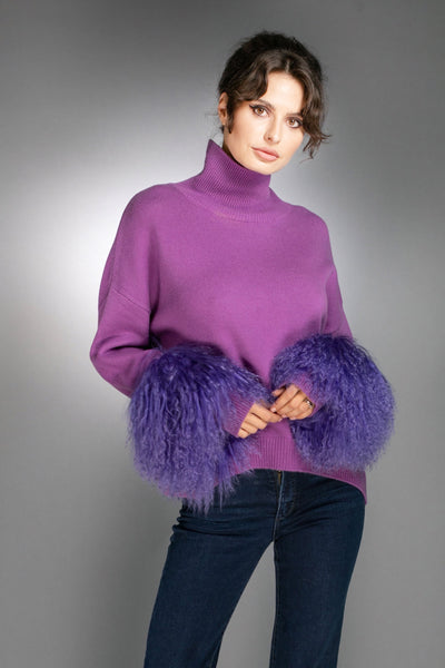N-032D - Cashmere Sweater with Mongolian fur cuffs