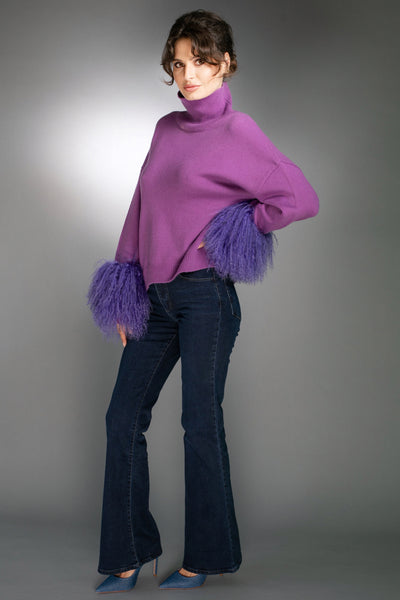 N-032D - Cashmere Sweater with Mongolian fur cuffs