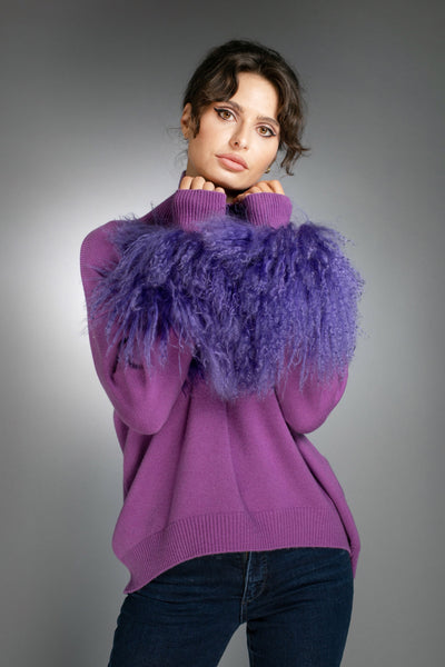 N-032D - Cashmere Sweater with Mongolian fur cuffs