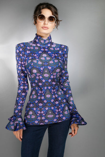 N-008WN- Floral Turtleneck Ruffle sleeve top