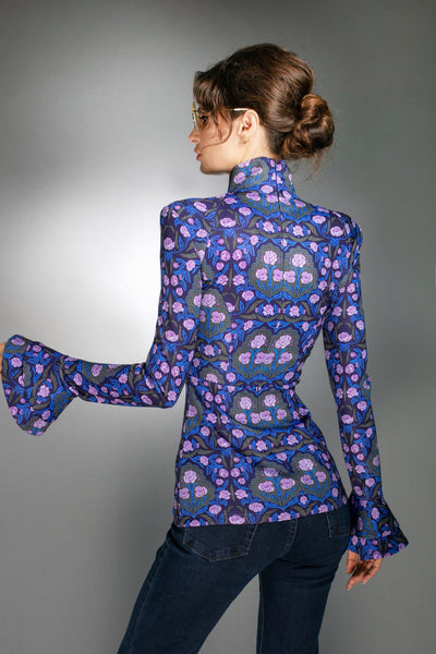 N-008WN- Floral Turtleneck Ruffle sleeve top