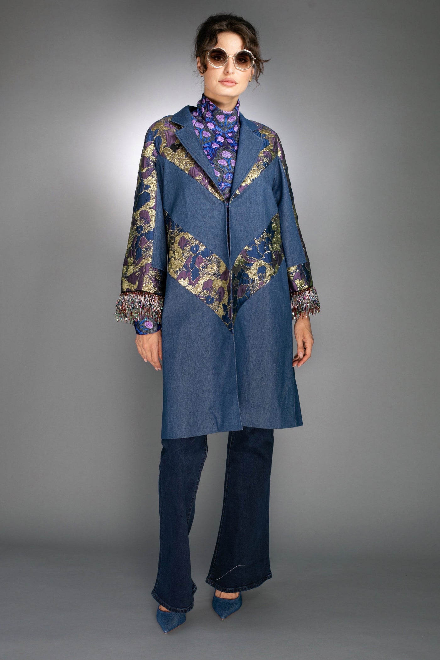 T-012C DENIM & JACQUARD BLUE-GOLD - COAT