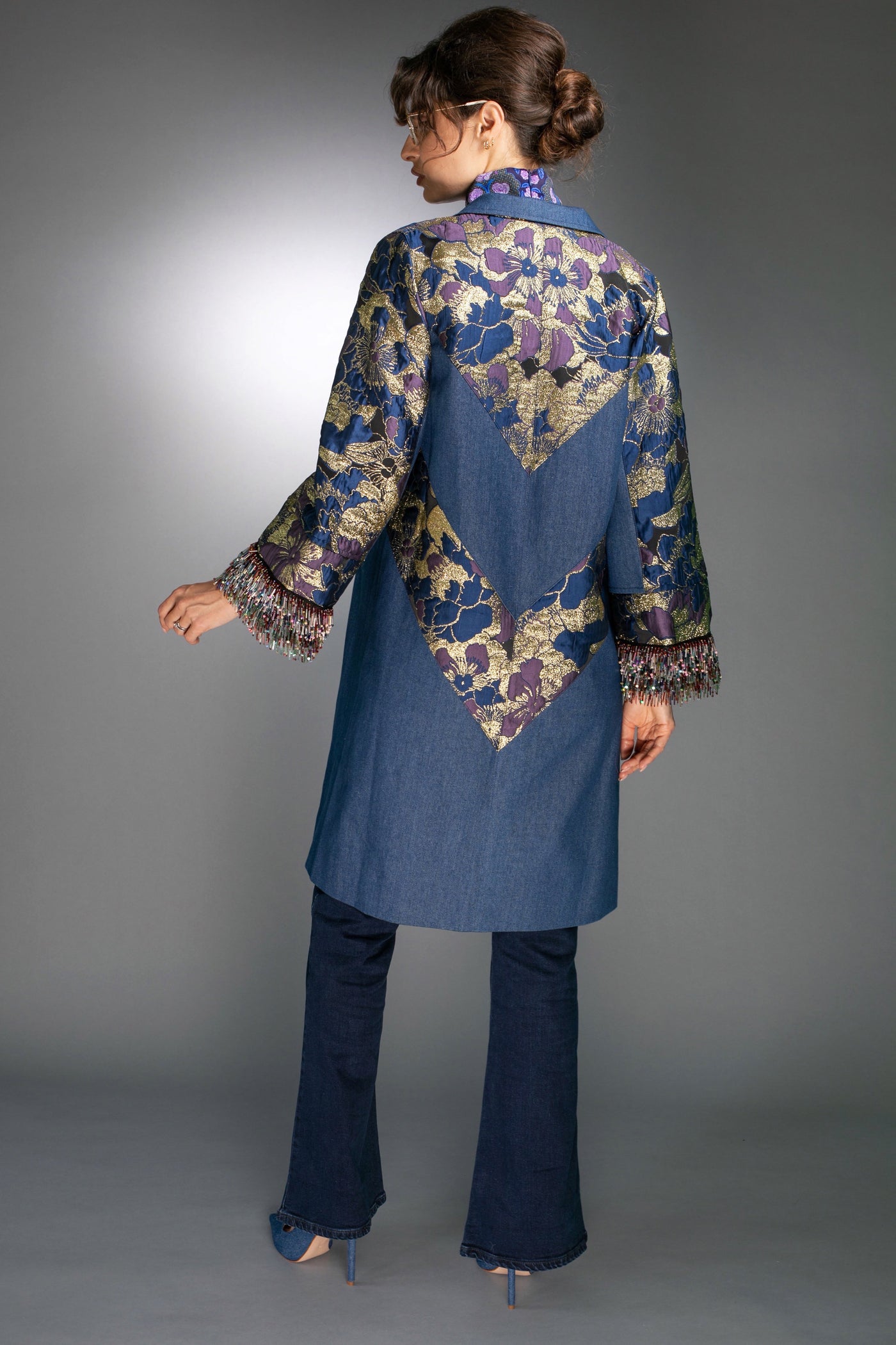 T-012C DENIM & JACQUARD BLUE-GOLD - COAT