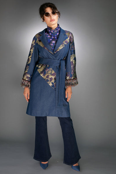 T-012C DENIM & JACQUARD BLUE-GOLD - COAT