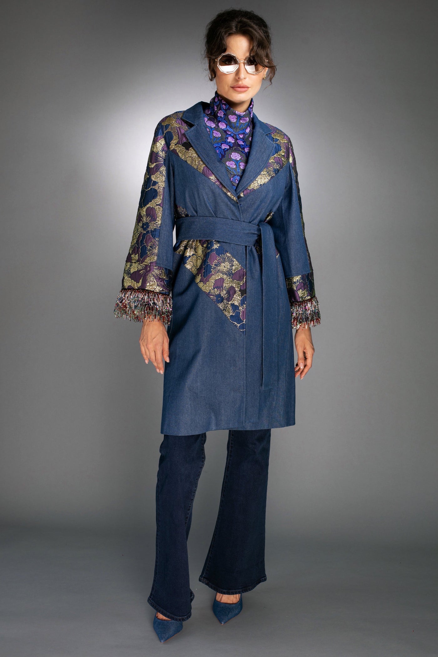 T-012C DENIM & JACQUARD BLUE-GOLD - COAT