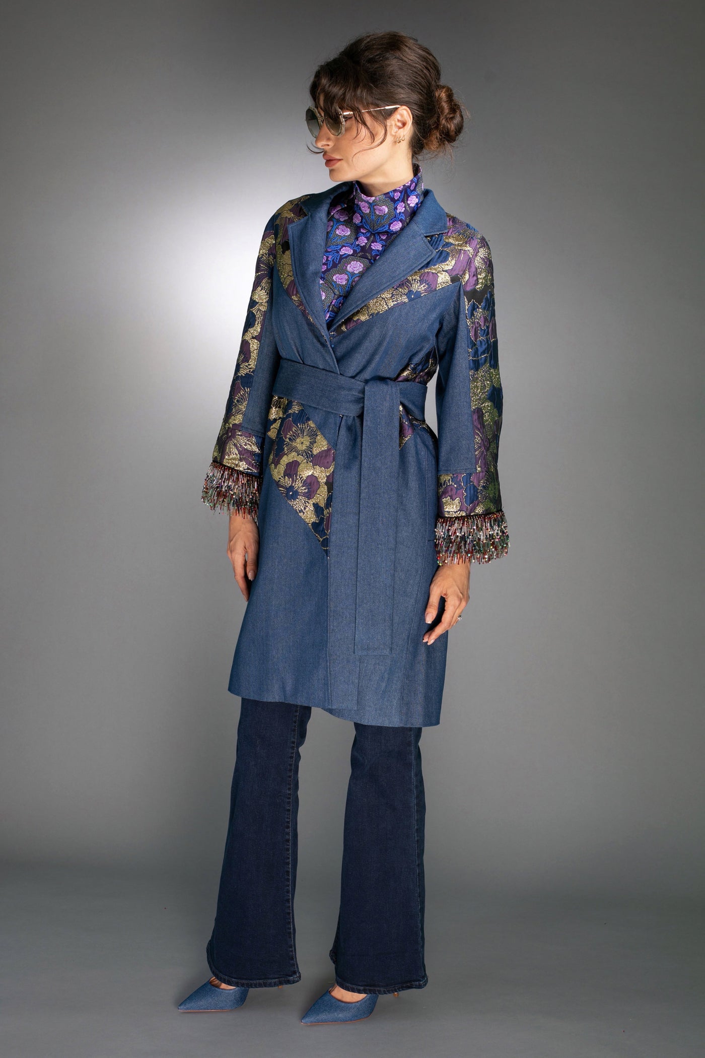 T-012C DENIM & JACQUARD BLUE-GOLD - COAT