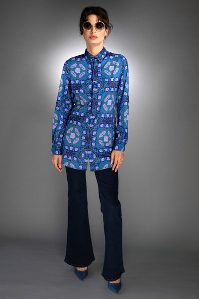 N-043WN-LONG SHIRT- ROSES COBALT BLUE / LILAC