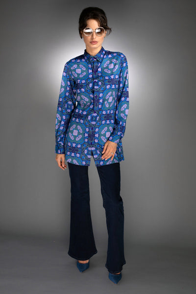 N-043WN-LONG SHIRT- ROSES COBALT BLUE / LILAC