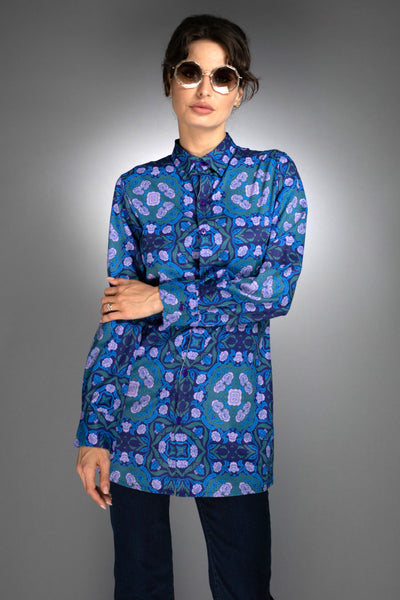 N-043WN-LONG SHIRT- ROSES COBALT BLUE / LILAC