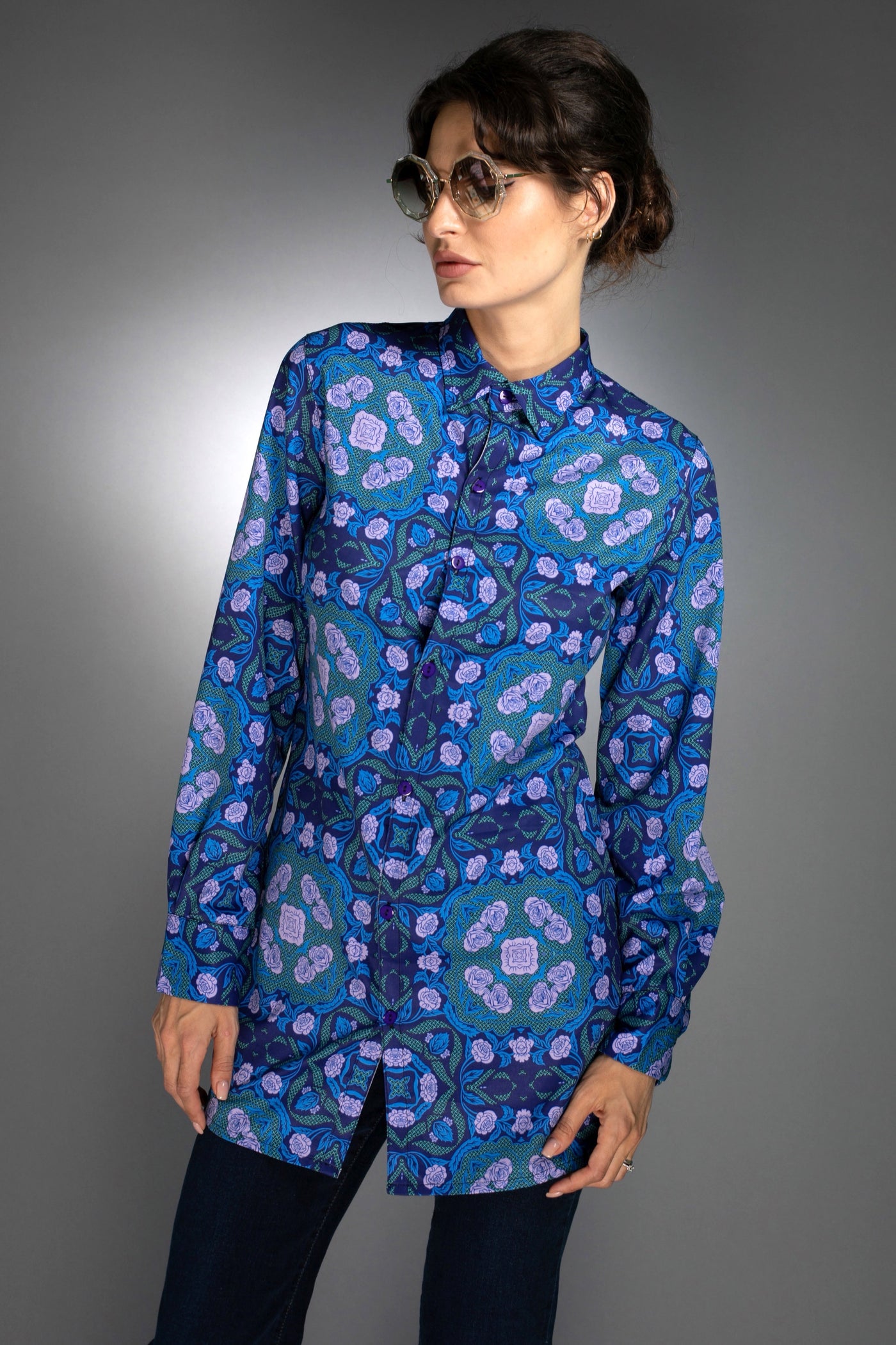 N-043WN-LONG SHIRT- ROSES COBALT BLUE / LILAC