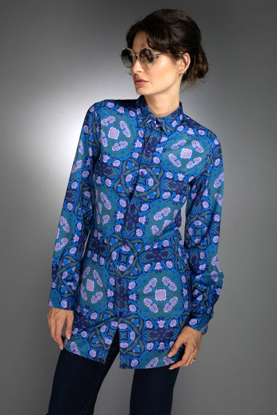 N-043WN-LONG SHIRT- ROSES COBALT BLUE / LILAC