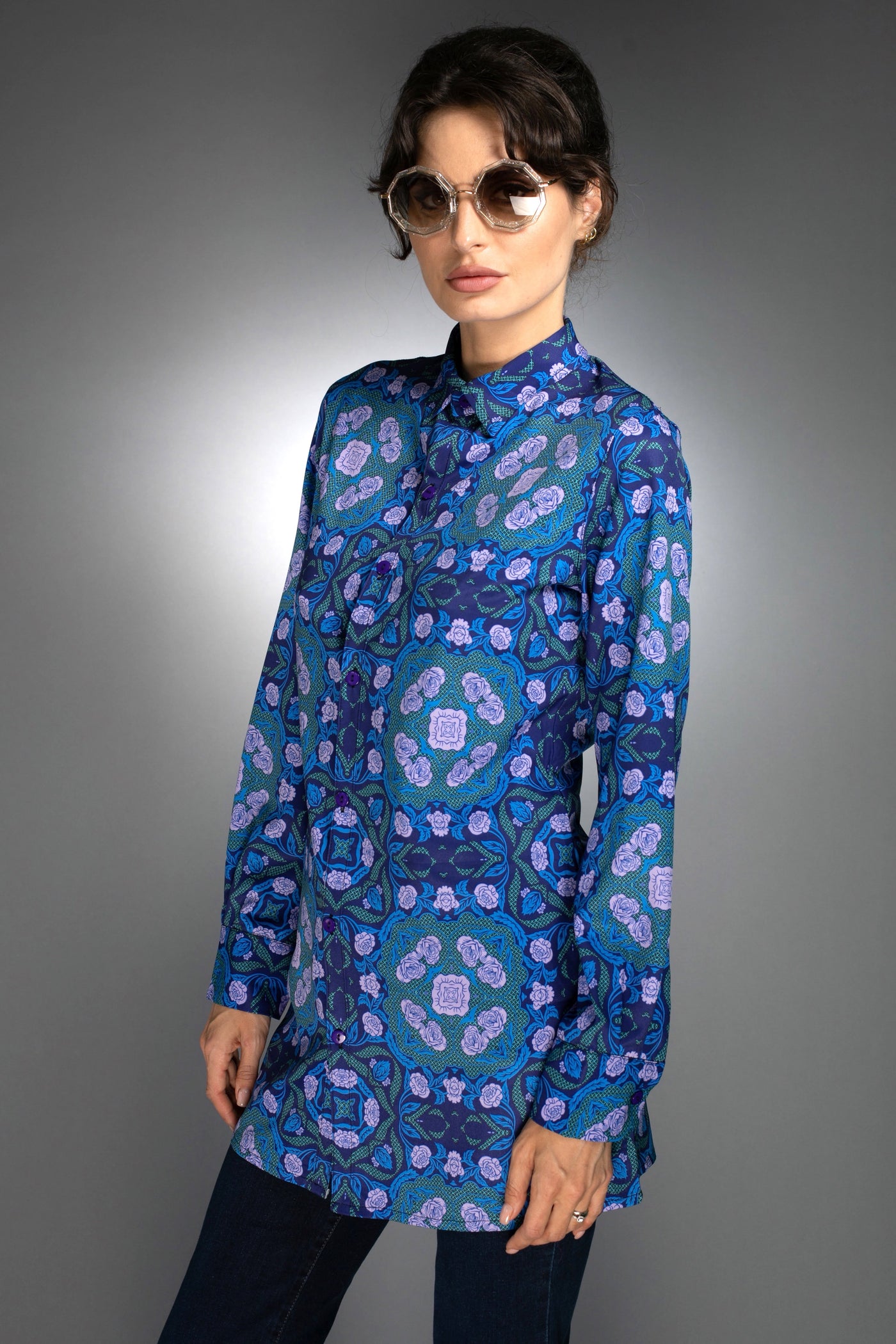 N-043WN-LONG SHIRT- ROSES COBALT BLUE / LILAC