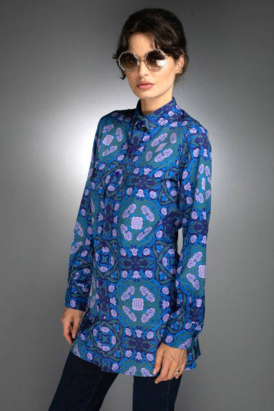 N-043WN-LONG SHIRT- ROSES COBALT BLUE / LILAC