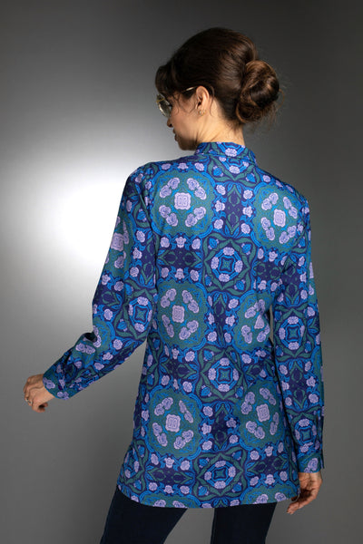 N-043WN-LONG SHIRT- ROSES COBALT BLUE / LILAC