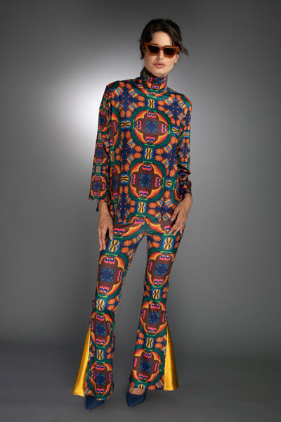 ED-043WA-RETRO FLOWER BROWN-ORANGE-BLUE  FLARE PANTS / GOLD ACCENT