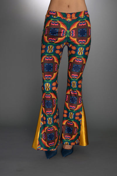 ED-043WA-RETRO FLOWER BROWN-ORANGE-BLUE  FLARE PANTS / GOLD ACCENT