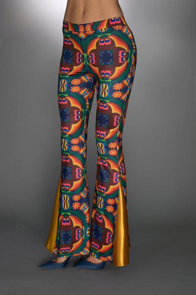 ED-043WA-RETRO FLOWER BROWN-ORANGE-BLUE  FLARE PANTS / GOLD ACCENT