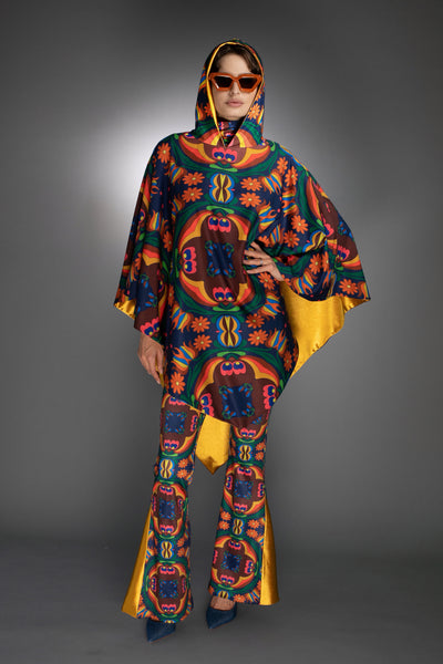 ED-043WA-RETRO FLOWER BROWN-ORANGE-BLUE  FLARE PANTS / GOLD ACCENT